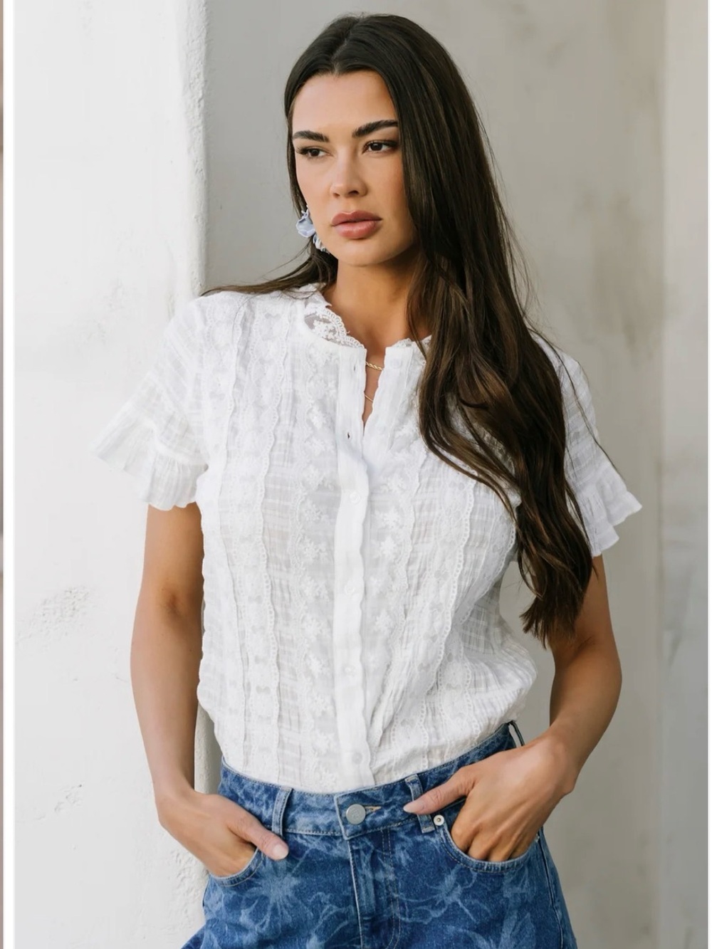Baltic Born Zara 100% Cotton White Short-Sleeve Button Front Lace Trim Blouse XL